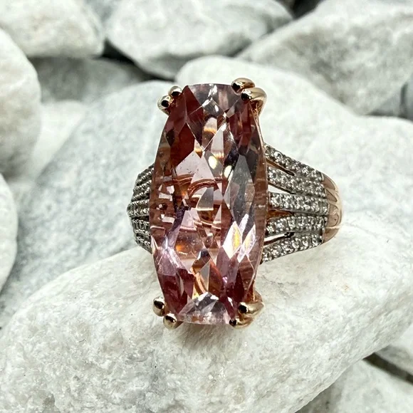 Morganite Cushion Cut Ring Rose Gold Over Sterling CZ Pave Size 7 - Picture 12 of 17